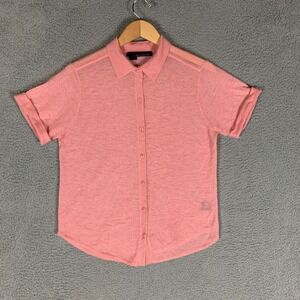 360 Cashmere Button Up Shirt Womens Medium Coral Pink Short Sleeve Cashmere Knit